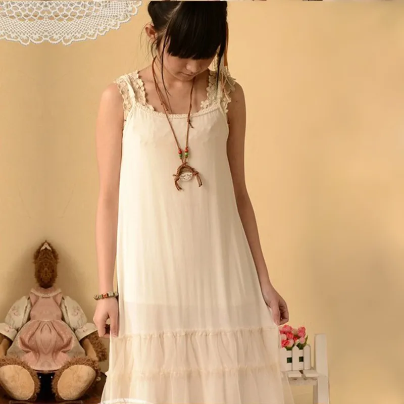 

Harajuku Spring Summer Women Lace Layer All Match Sleeveless Spaghetti Strap Lolita Cute Kawaii Female Dresses Mori Girl C209