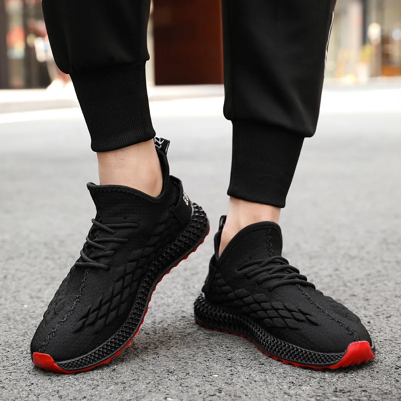 Breathable Running Shoes For Man Mesh Slip On Sneakers Shoes Lace Up Men Jogging Shoes Outdoor Sneakers Casual Sports Black Red
