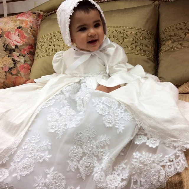 Cheap With Bonnet Baby Girl Christening Gowns Puff Long Sleeves A-line Beading O-Neck Satin Baby Birthday Baptism Dresses White Luxury