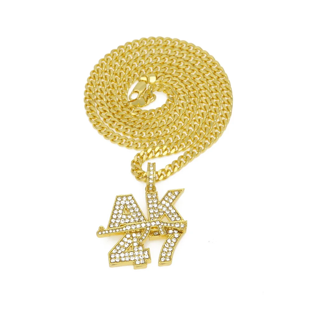 

Men Women Rock Jewelry Gifts Gold Color Bling AK47 Submachine Gun Rhinestone Pendants Necklaces Hip Hop Charm Chains