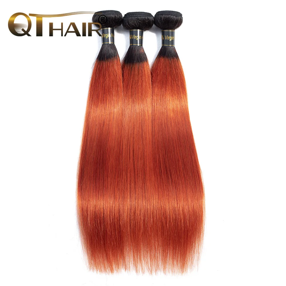

QThair Ombre Brazilian Straight Human Hair 3 Bundles Professional Colored 1B/ 350 Golden Blonde Human Weave Bundle Non-remy Hair