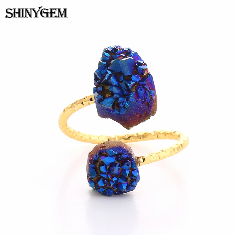 

2016 Fashion New Gold Unique Natural Stone Double Quartz Amethyst Crystal White Druzy Adjustable Ring for Women