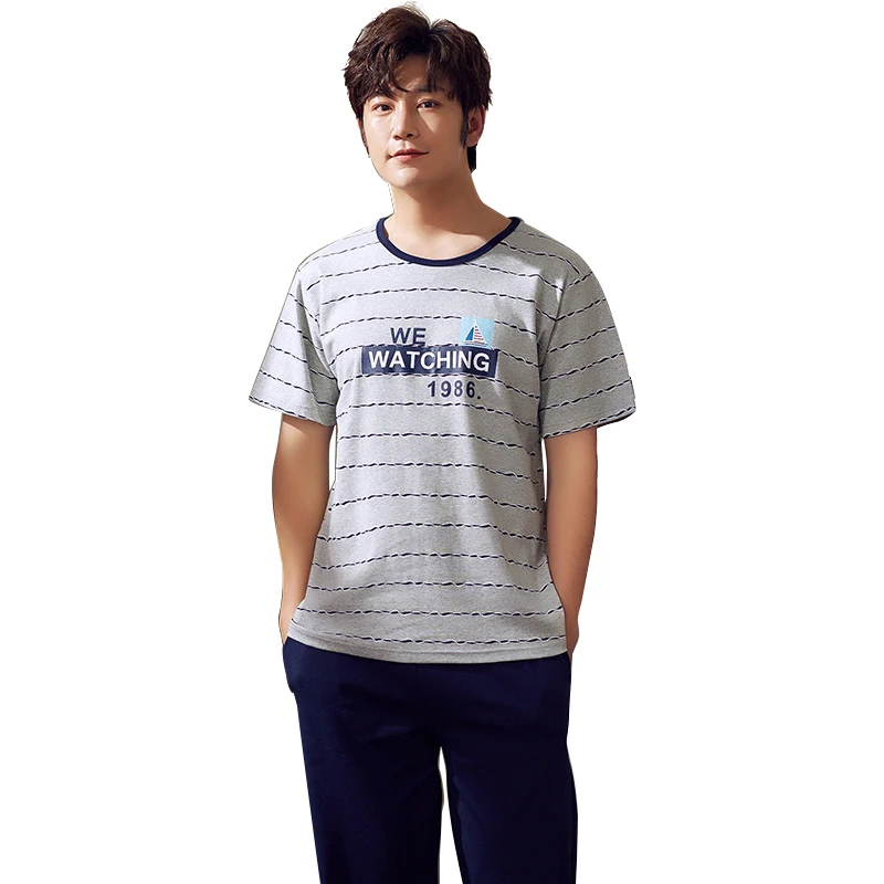 

Grey Color Striped Short Shirt Nightwear Men Sleepwear 100% Cotton Mens Pajamas Fashion Big Yards Mens Pyjamas Summer Long Pants