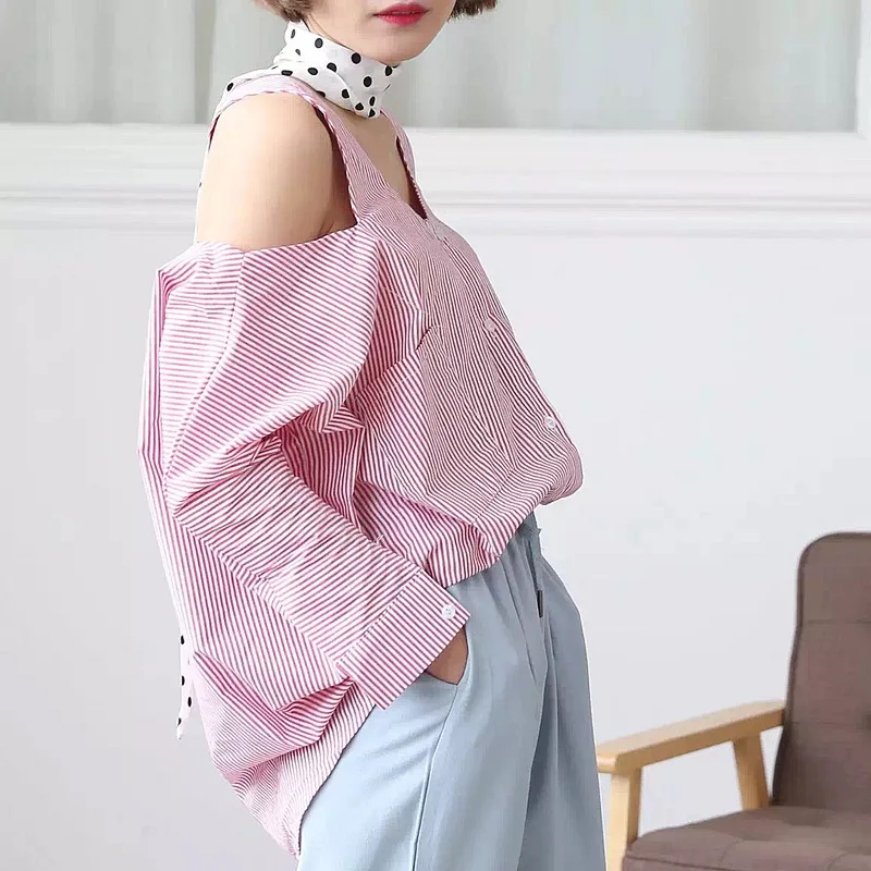 

2016 spring and summer fine stripe women's long-sleeve shirt 0411