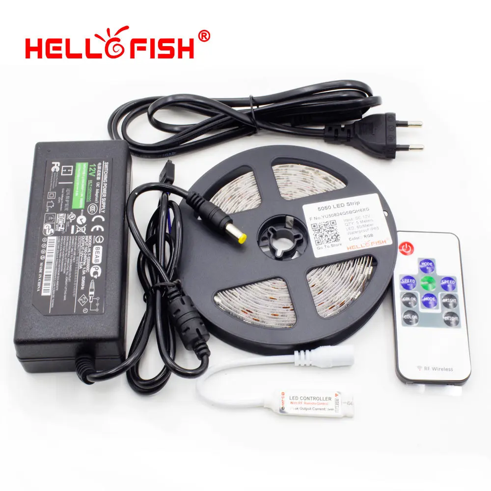  Hello Fish High Quality 5M 300 SMD 5050 LED Strip + RF Wireless Controller Remote + DC 12V 5A 60W Power Adapter Complete Set 