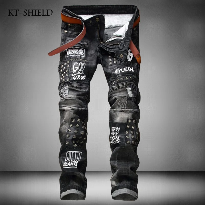Brand Fashion Patchwork Straight Rivets Punk Men s Skinny Jeans High Quality Spliced Ripped Jeans Hip