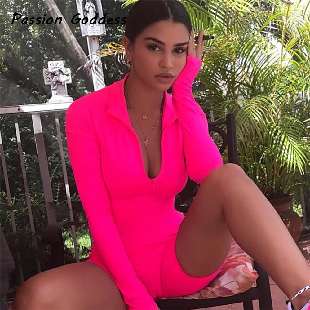 

New Women Playsuits Fluorescent Jumpsuits Turtleneck Long Sleeve Zipper Bike Playsuit Jumpers Short Outfits Buckle Collect Waist