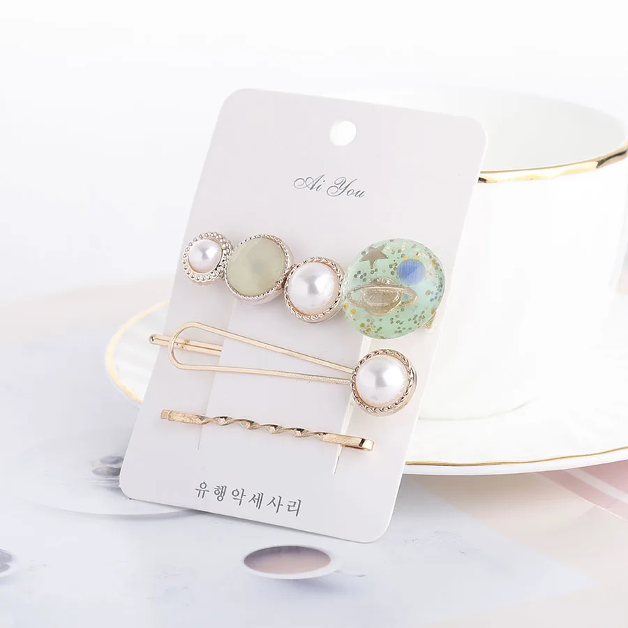 Haimeikang Korea Fashion Women Pearl Metal Hairpins Colorful Beads Hair Clips Barrettes Planet Shape Hair Styling Accessories