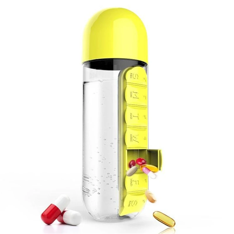 Big Capacity Water Cup Kit 7 Grid Shaker Outdoor Travel Portable Leakproof Tritan Plastic Drink Sports Medicine Water Bottle - Цвет: Yellow