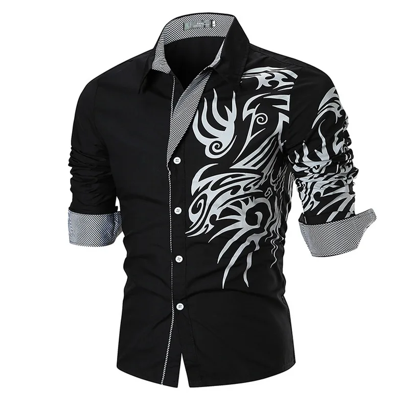 

HEFLASHOR Men Shirts New Men's Dragon Print Shirts Slim Casual Fashion Social Business Long Sleeve Shirt Camisa Masculina