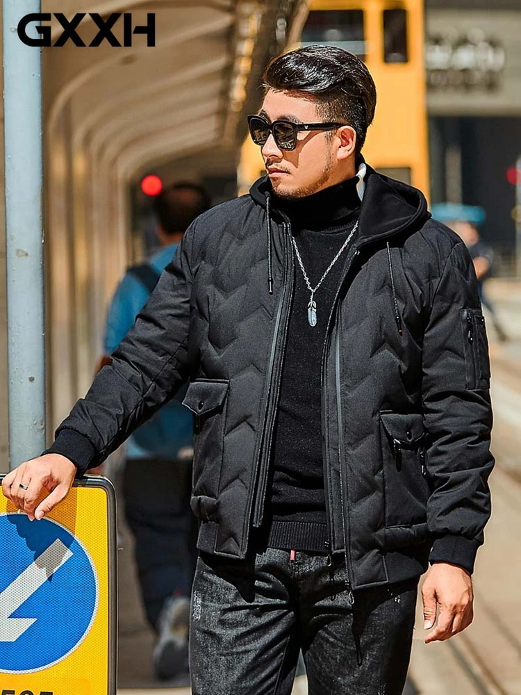 

Big Size Men Down Coat GXXH Winter Thick Hooded Down Jacket Casual Mens Solid Warm White Duck Down Zipper Oversize Coat 6XL 7XL
