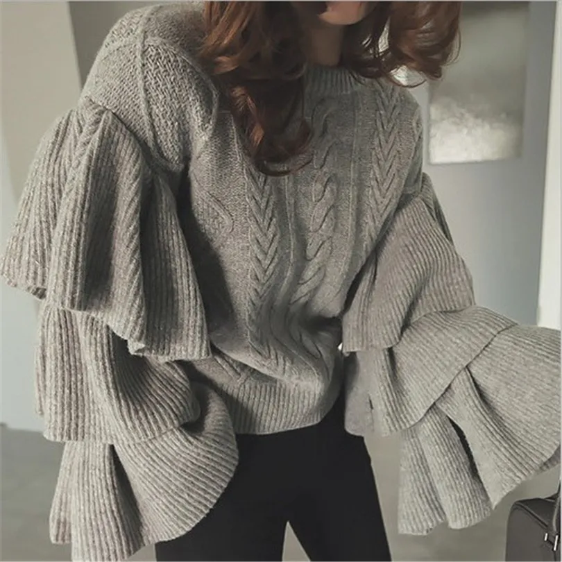 

2018 Poncho Real Limited Cotton Acrylic Computer Knitted O-neck Autumn Selling Women Sweater Round Collar Lotus Leaf Sleeves