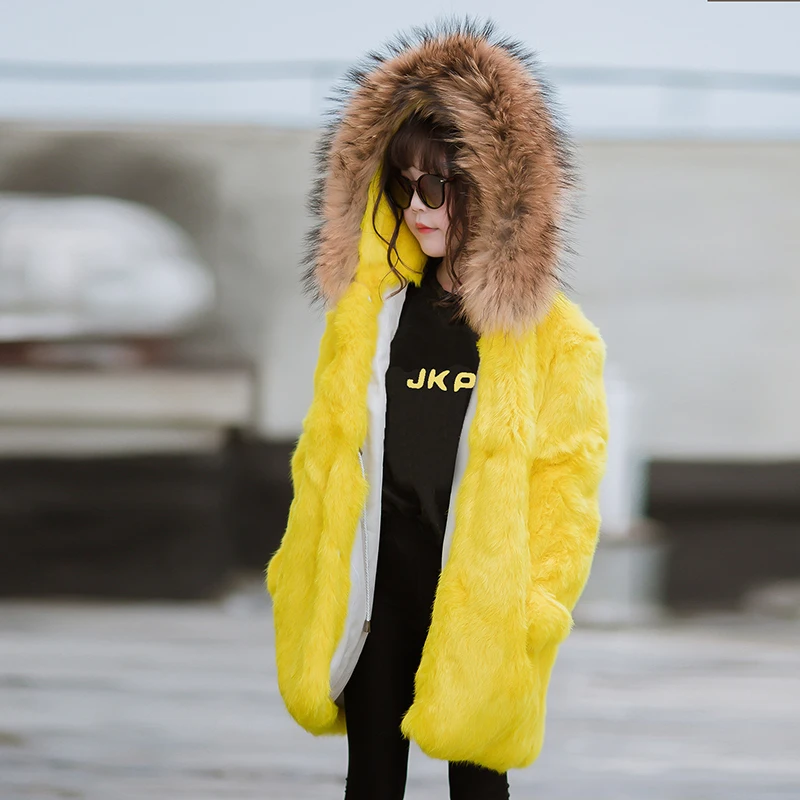 

JKP 2018 New parkas children's real rabbit fur coat for girl children's clothing big raccoon fur collar Childrens' jacket CT-65
