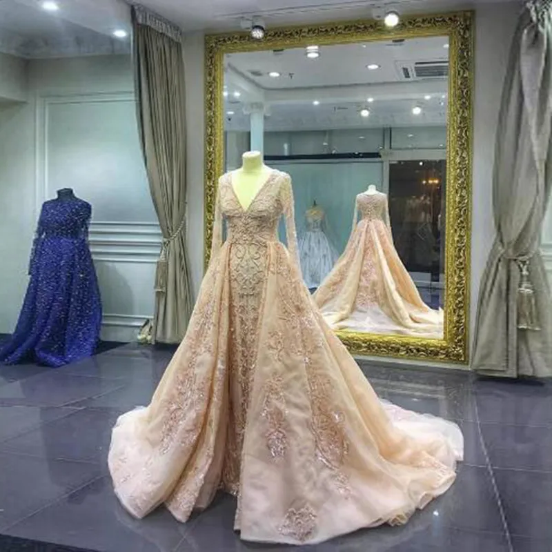 

Elegant Long Sleeves Mermaid Evening Formal Dresses With Detachable Train Arabic V Neck Luxury Applique Beaded Prom Gown Custom