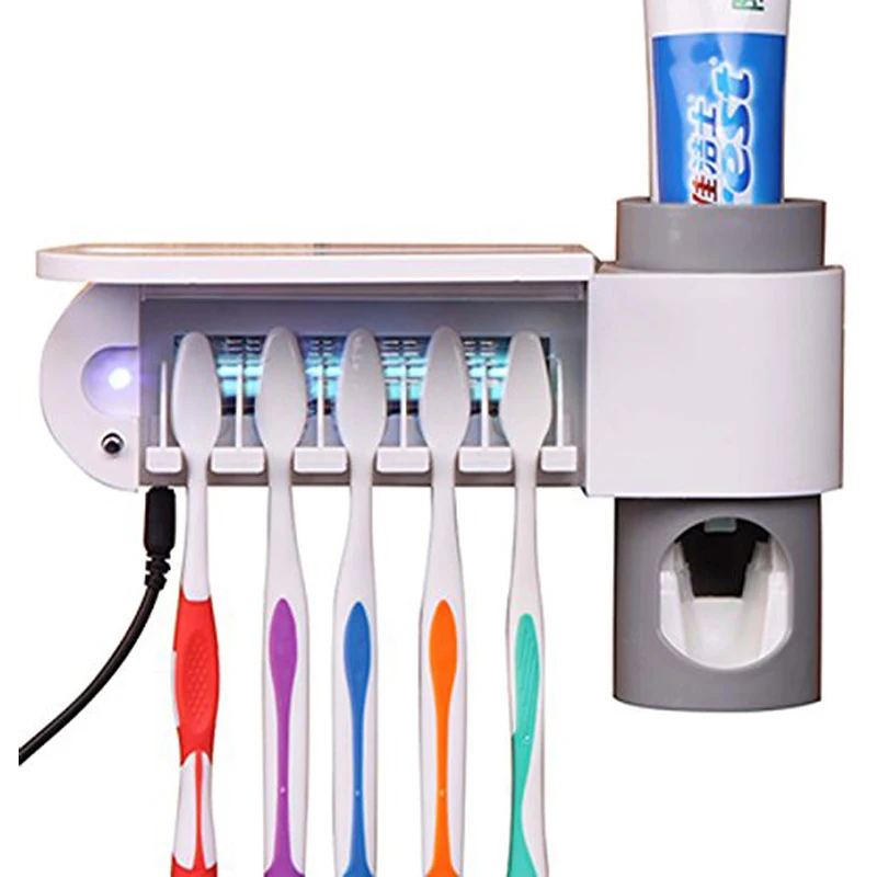 

3-in-1 Toothpaste dispenser toothbrush holder and Toothbrush Sanitizer Sterilizer Set Wall Mount Stand Toothbrush Family Tools