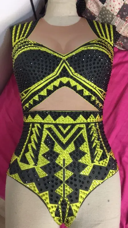 

Black Yellow Neon Rhinestones Bodysuit Costume Bling Women's Sexy One-Piece Stones Leotard Bright Shining Nightclub Stage Wear