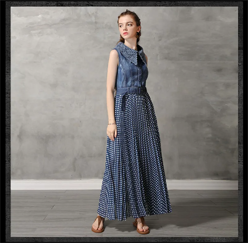 Summer Dot Woman Dress 2019 Vintage Women's Denim Dresses Sleeveless Lace Turn-down Collar Belted Chiffon Patchwork Vestido (13)