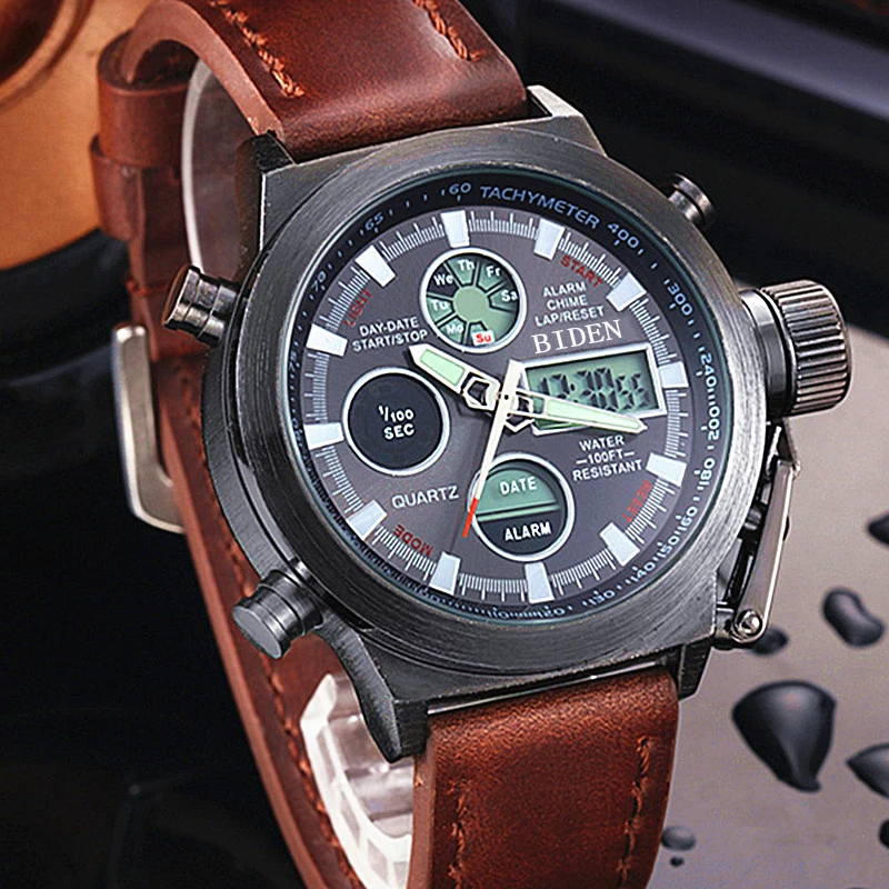 BIDEN Brand Men Diver LED Digital Sports Watch Military Genuine Leather Nylon Quartz Wristwatches W