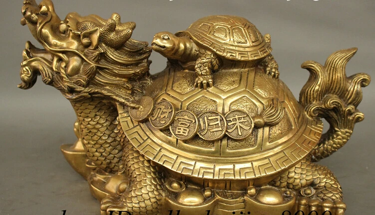 

JP S0608 16" Chinese Brass FengShui Longevity Sea Tortoise On Wealth Dragon Turtle Statue