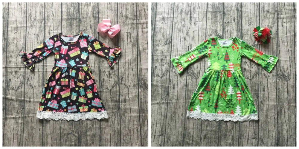 

Christmas girls children clothes baby cotton Winter maxi milk silk UNWRAP THE JOY LACE TRIM dress boutique match accessories