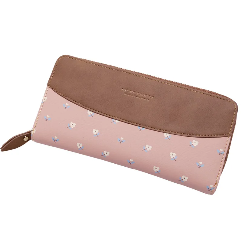 

ETONTECK Fashion Women Wallet Long Style Purse Credit Card Coin Pocket PU Leather Money Bag Zipper Flower Floral Pink Patchwork