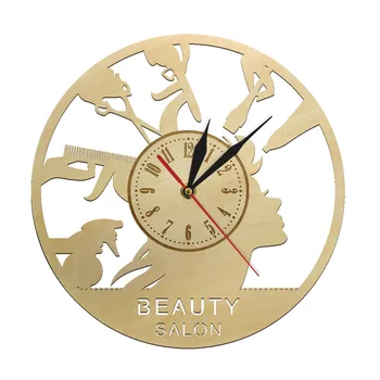 

Hairdresser Parlor Wall Clock Wood Decorative Salon Art Hair Stylist Gift Girl Clock Beauty Hair Salon Non-ticking Wall Watch