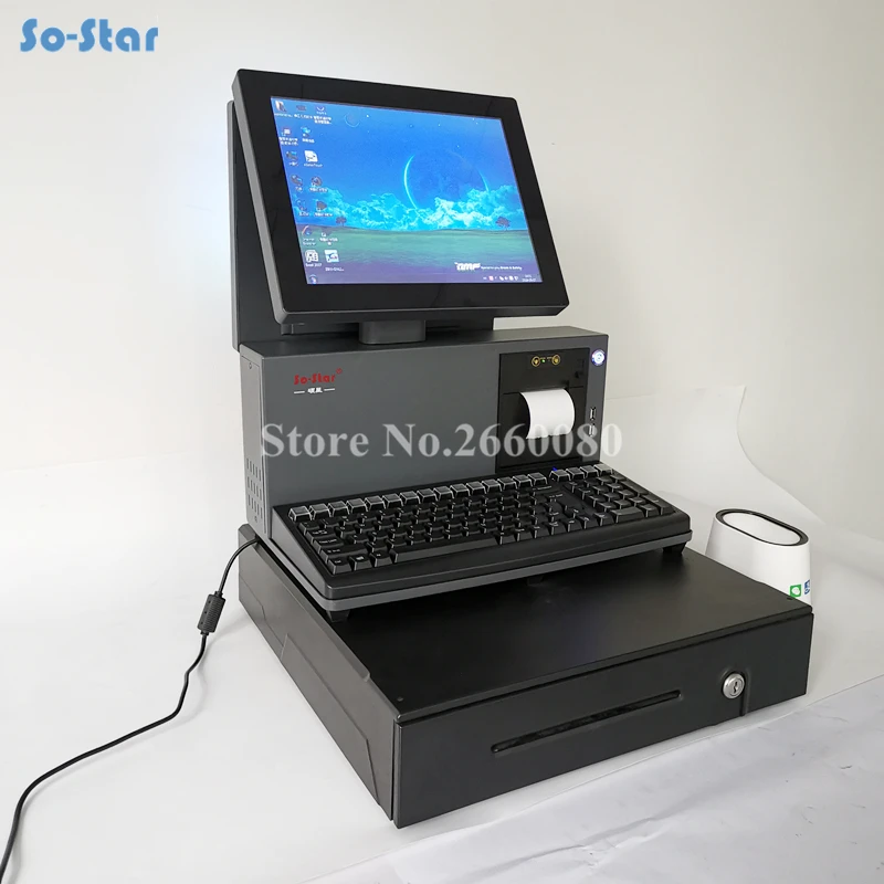 

Dual LCD Screen Cash Register with 58mm Receipt Printer & Cash Drawer POS Terminal Machine All in One, One Touch Panel Screen