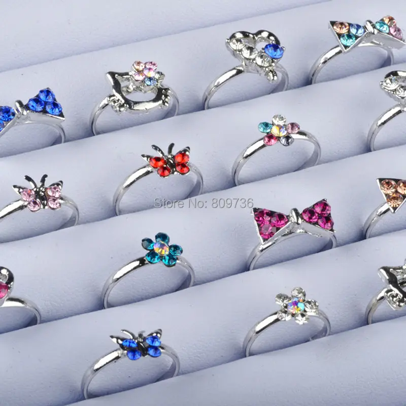 20pcs Silver Plated Kids ring Assorted Design Crystal Ring For Kid
