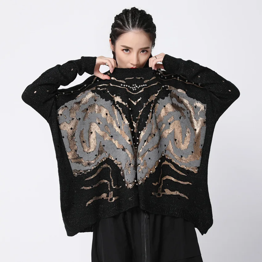 

LANMREM 2019 New Fashion Contrast Color Beading Hollow Perspective Print Female's Long Sleeve Sweater For Autumn Vestido YE81801