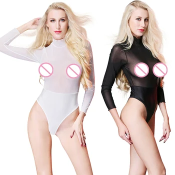 

Sexy Long Sleeve Sheer Mesh Bodysuit Women High Neck See Through Transparent Lingerie High Cut Bodysuits Leotard Overalls Top