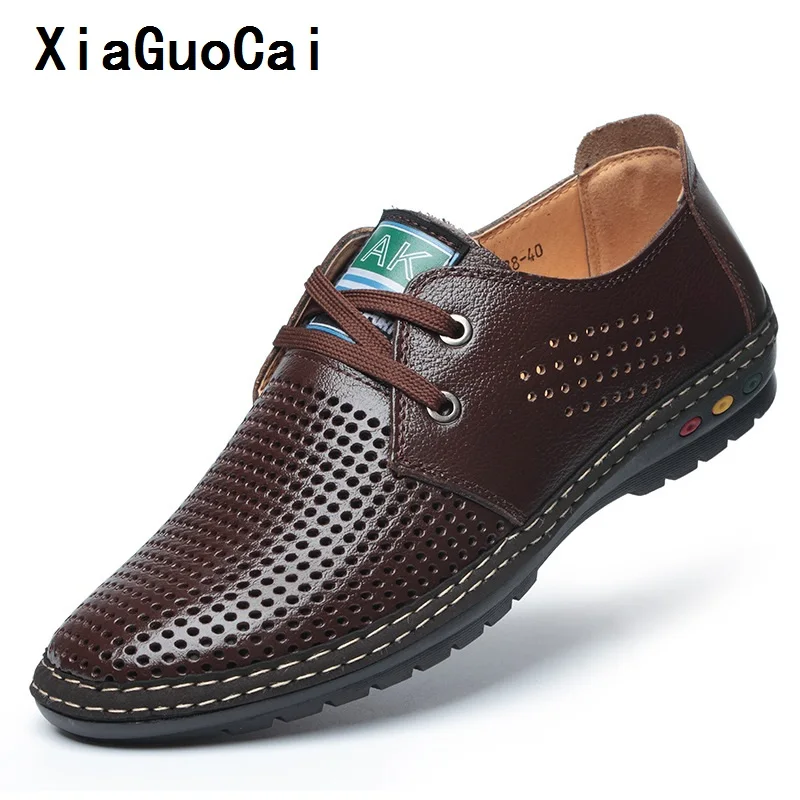 

XiaGuoCai Genuine Leather Men casual shoes Summer 2017 Breathable Soft Driving Men Handmade chaussure homme Net Surface Loafers