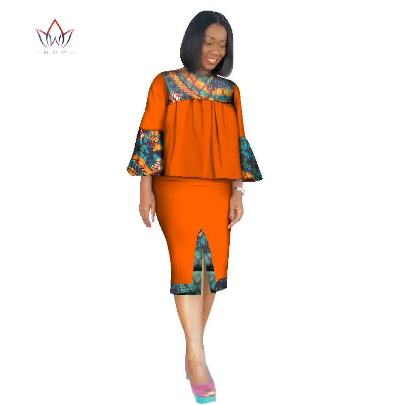 Африканская одежда для женщин Анкара комплект из двух предметов с длинными рукавами укороченные топы и юбка набор женщин Базен Riche африканская одежда 6XL WY2571 - Цвет: 4