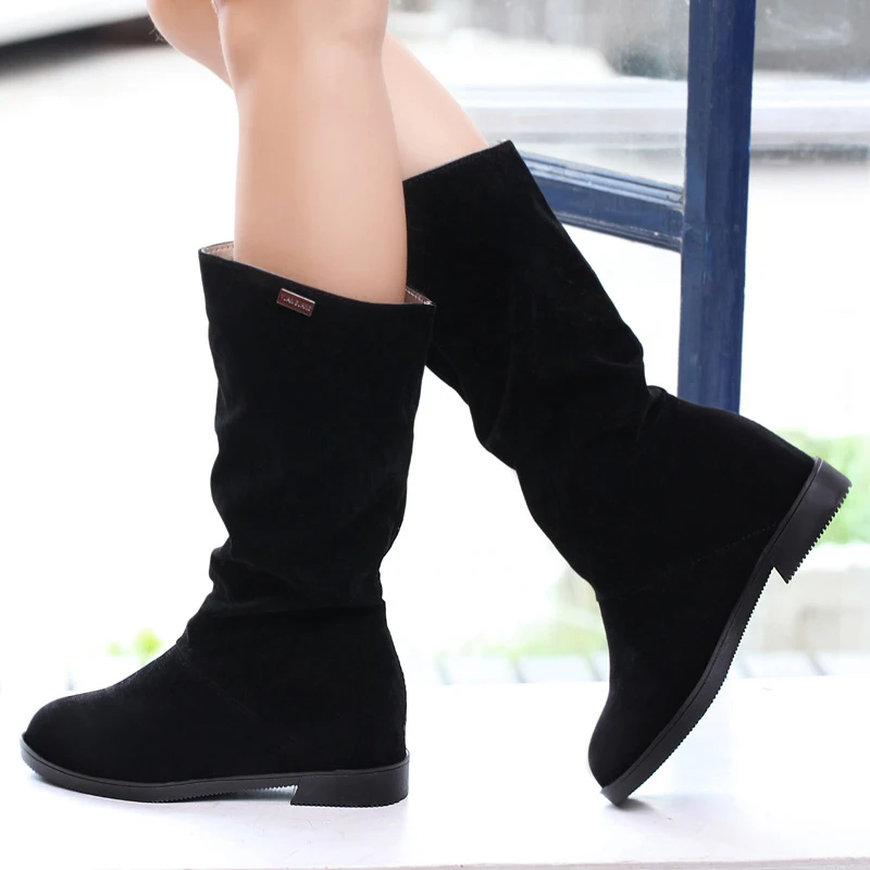 black suede mid calf boots flat