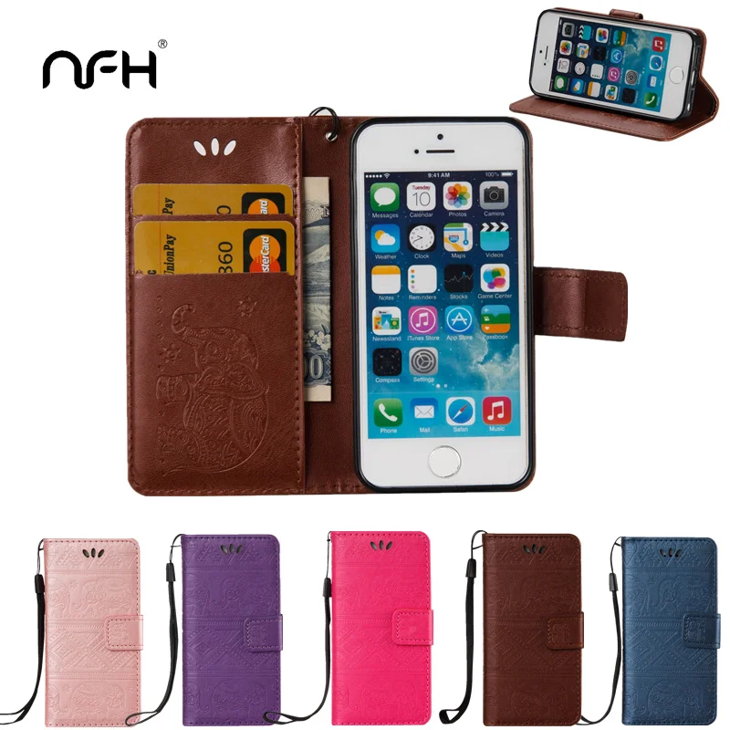 

NFH Original Elephant Printing Leather Case For Apple iPhone 5 5SE 6 6S Plus 7 7 Plus Card Slot Wallet Flip Cover Case On 5S 6 7