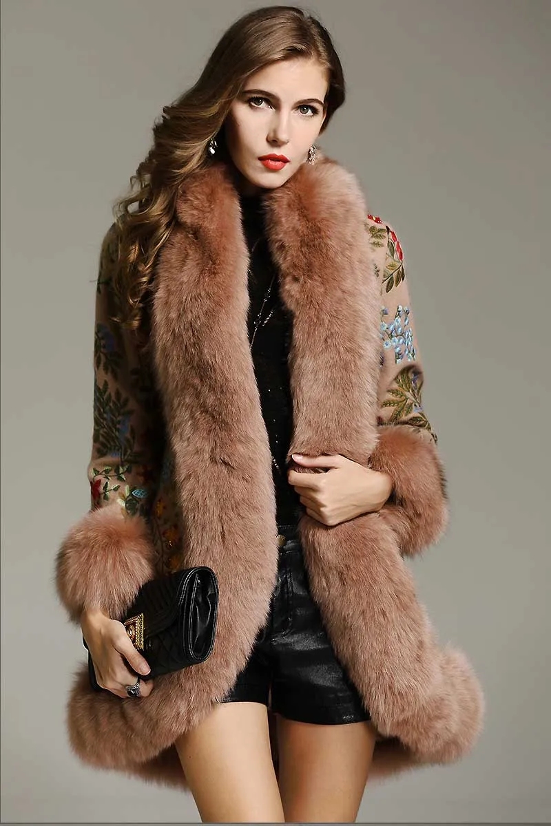 Высококачественный зимний Тренч, женское винтажное элегантное цветочное шерстяное пальто с вышивкой, женское рождественское пальто из лисьего меха, M-XXL