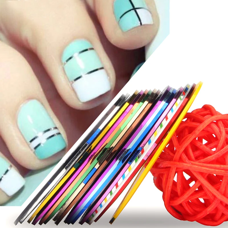 

16 Spools Mixed Colors Rolls Vinyl Nail Art Stickers DIY Nail Striping Tape Line Manicure Nail Art Strips Tips Decorations WY629