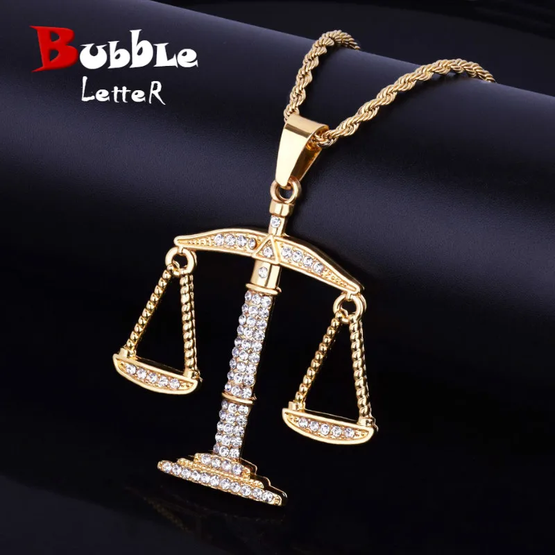 

Iced Gold Balance Libra Scale Pendant Bling Rhinestone Crystal Men's Hip hop Pendant Necklace Punk Jewelry Street Rock