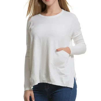 

Solid Color Women Knitted Sweater Side Slit Pocket Simple Design loose Crewneck Pullovers Autumn Clothing Fashion Female Robe