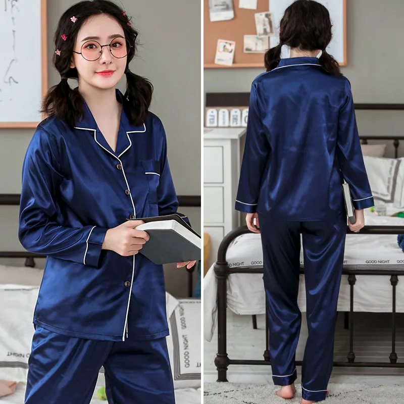 

Royal Blue Pyjamas Women Set Long Sleeve Panties Two Piece Womens Sleeping Suit Ice Satin Silk Night Wear Plu Size Luxury Pj Set