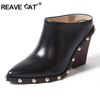 

REAVE CAT Spring Summer Slides Mules Women Slippers Mid Spool High heel Cow leather Pointed toe Rivets Black High quality Brand