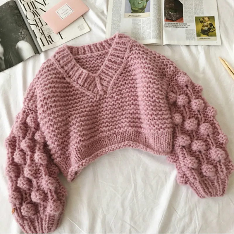 

Autumn Coarse hand knitted Hook Flower Sweater Deep V-Neck lazy Rough wool Knitted Lantern Sleeved 3D Yarn Ball Short Pullovers