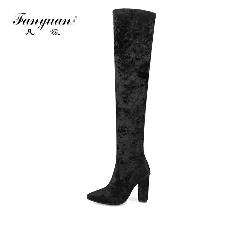 

Fanyuan Sexy fall Winter Women Velvet Over the Knee Boots Bright Blue Comfortable Thigh High Boots Fashion High Heel Boots Woman