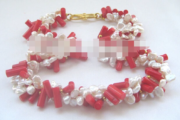 

FREE SHIPPING>@@> 3160 3row white keshi reborn freshwater pearl & red coral necklace