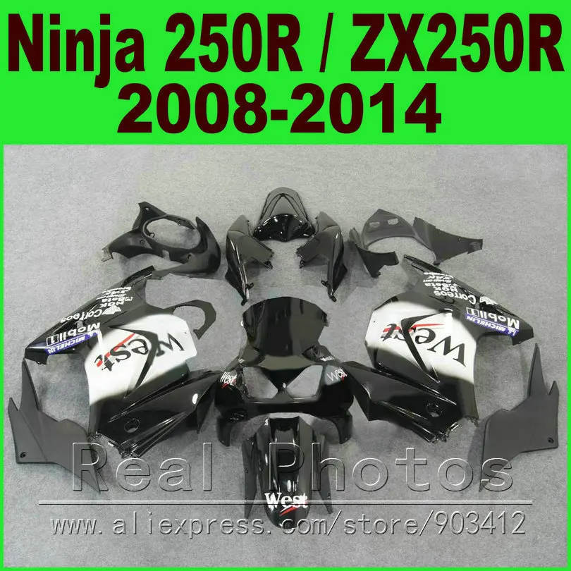 Black white WEST Kawasaki Ninja 250r Fairings bod kit 2008 - 2014 EX250 2009 2010 2011 2012 ZX 250 fairing kits parts R4Y7 Black white WEST Kawasaki Ninja 250r Fairings bod kit 2008 - 2014 EX250 2009 2010 2011 2012 ZX 250 fairing kits parts R4Y7