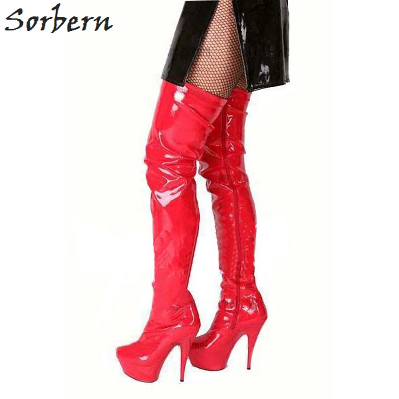 Sorbern Red Retro Shoes Women Female Shoes Patent Leather Boots For Women 15Cm/5Cm Womens Black Boots Plus Size Heels For Women