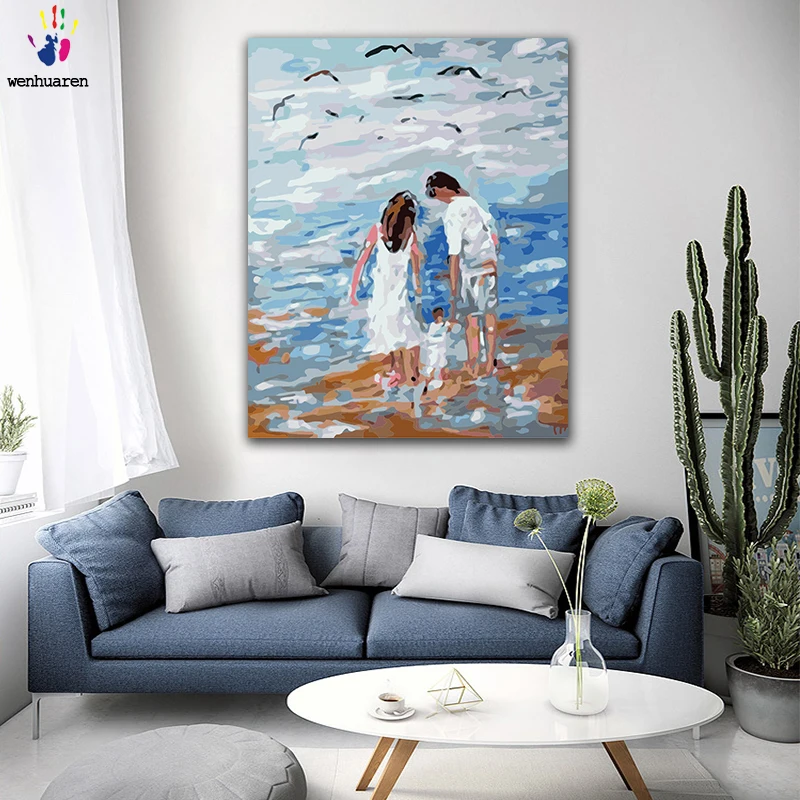 DIY картинки для раскраски по номерам с цветами семья из трех человек на пляже картина Рисование Живопись по номерам в рамке дома