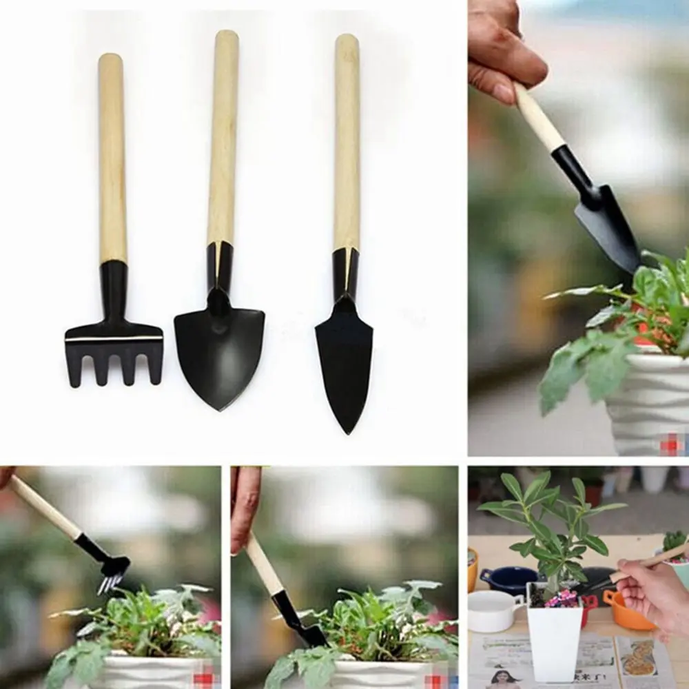Mini Garden Hand Tool Kit Plant Gardening Shovel Spade Rake Trowel Wood Handle Metal Head Gardener 3 PCS/set