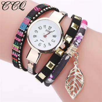 

CCQ Brand Fashion Ladies Watches Women Dress Luxury Leaf Fabric Gold Wrist Watch For Women Bracelet Vintage Sport Clock Watch
