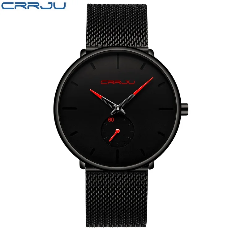 CRRJU2150 модные мужские часы Лидирующий бренд повседневные ультра-тонкие сетчатые Стальные наручные часы мужские черные классические спортивные водонепроницаемые кварцевые часы - Цвет: black red