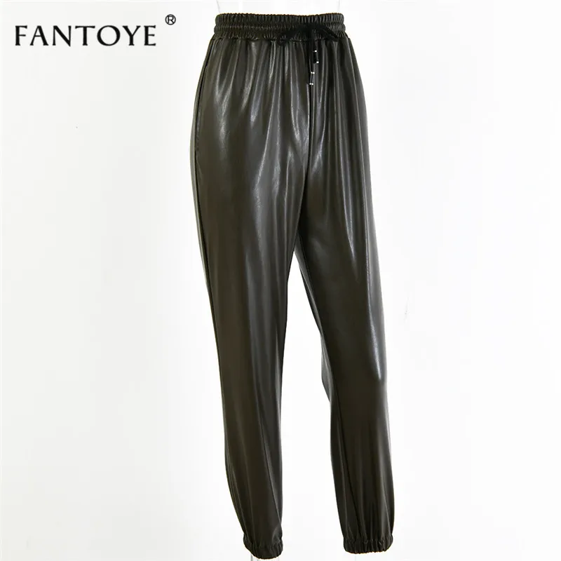 Fantoye женские повседневные штаны из искусственной кожи с высокой талией, свободные повседневные штаны-шаровары, женские брюки, свободные эластичные штаны с завязками